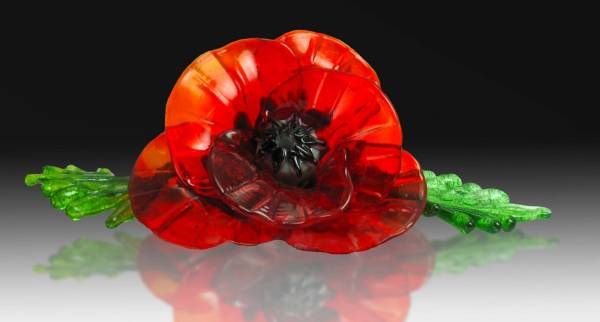 Red Oriental Poppy with Leaves, SURFACE EXHIBIT, International Society of Glass Beadmakers, 2011
